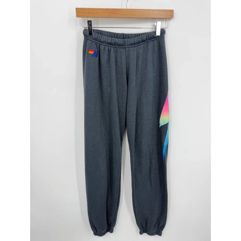 Aviator Nation Bolt Sweatpants Women Size S Charcoal Grey Rainbow Joggers
